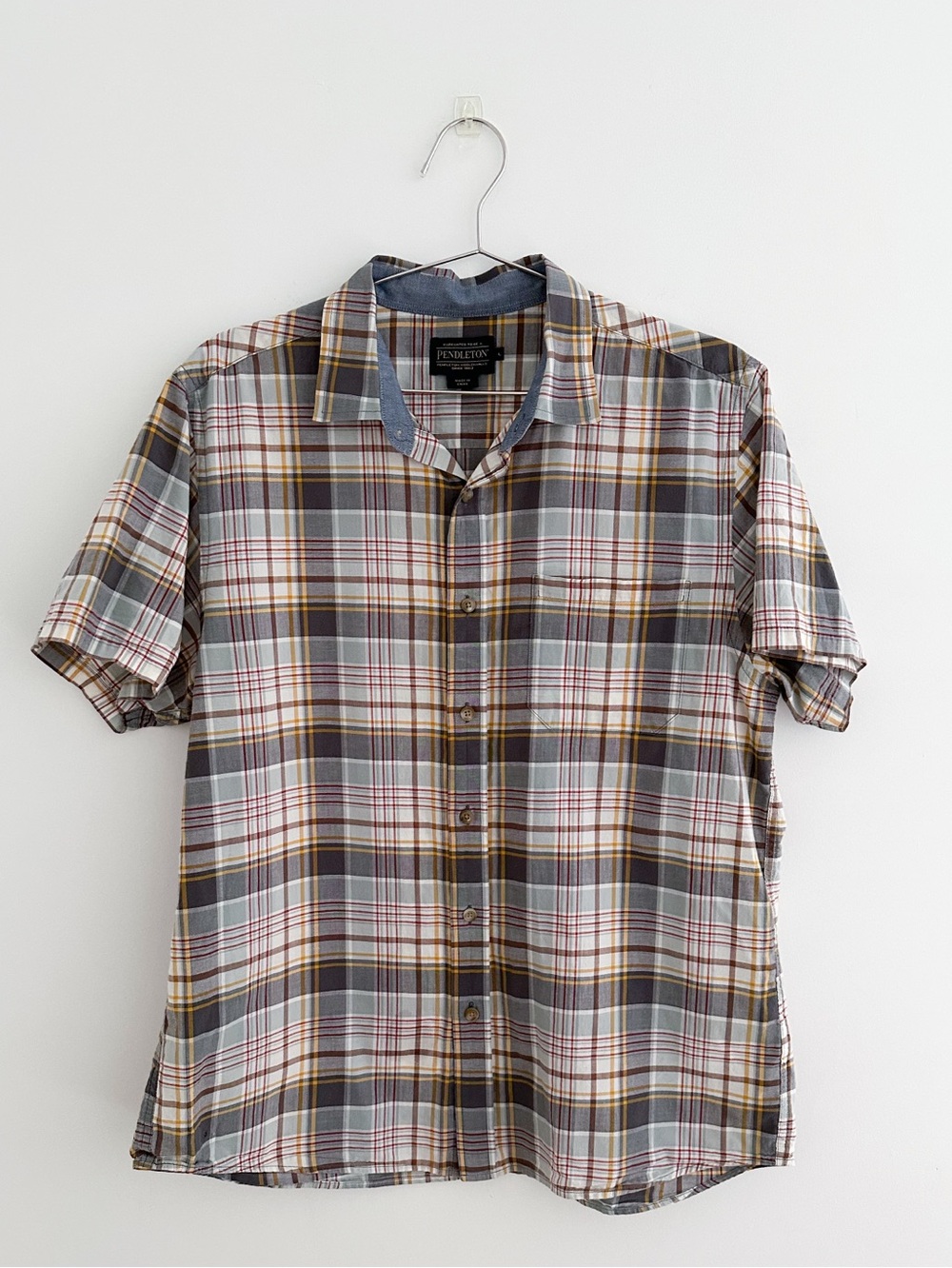 Pendleton Men's Brown Plaid Short Sleeve Cotton Button Down Shirt Size Large